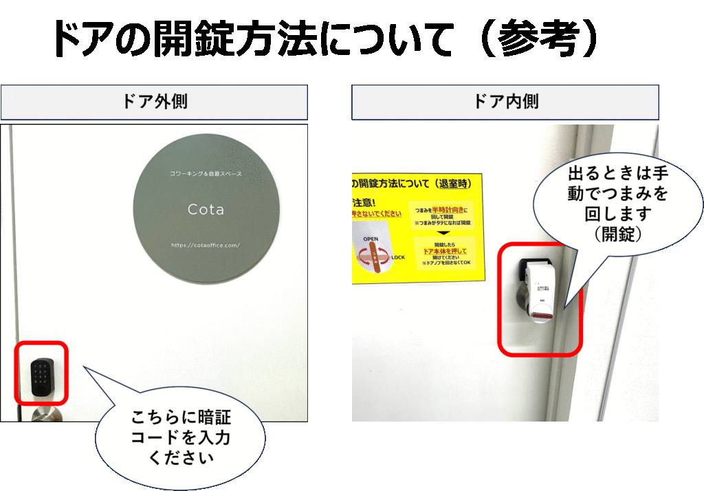 コワーキングスペース・自習室Cotaの開錠方法参考